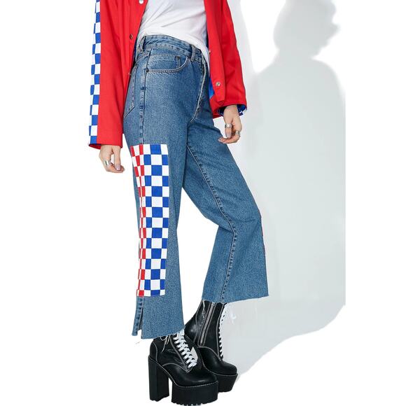 The Ragged Priest Blue High Rise Checkered Kickflip Wide Leg Jeans Size 26 - Picture 2 of 10